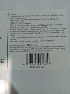 Coboc 2 Port HDMI Amplified Powered Splitter HA-HMSPL-1X2