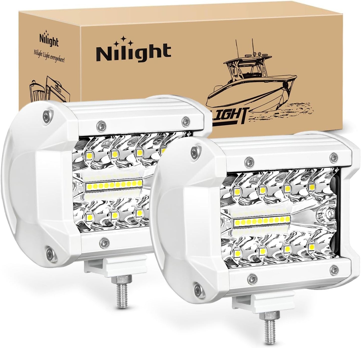 Marine LED Light Pods Navigation Lights 2PCS 4 Inch White Spot Flood Combo Ponton Boat Deck Dock Lighting for Night Fishing T-Top Stern Yacht Port Sailboat Trucks Tractors