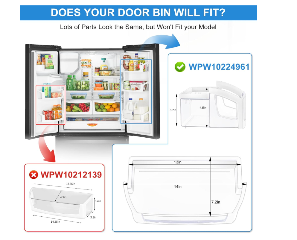 2 Pack WPW10224961 W10224961 Refrigerator Door Bin Shelf Whirlpool Maytag Right