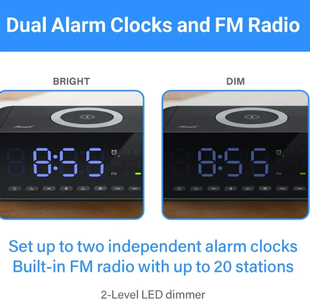 Alarm Clock Radio Wireless Charging & USB Port Bluetooth Speaker LED Display