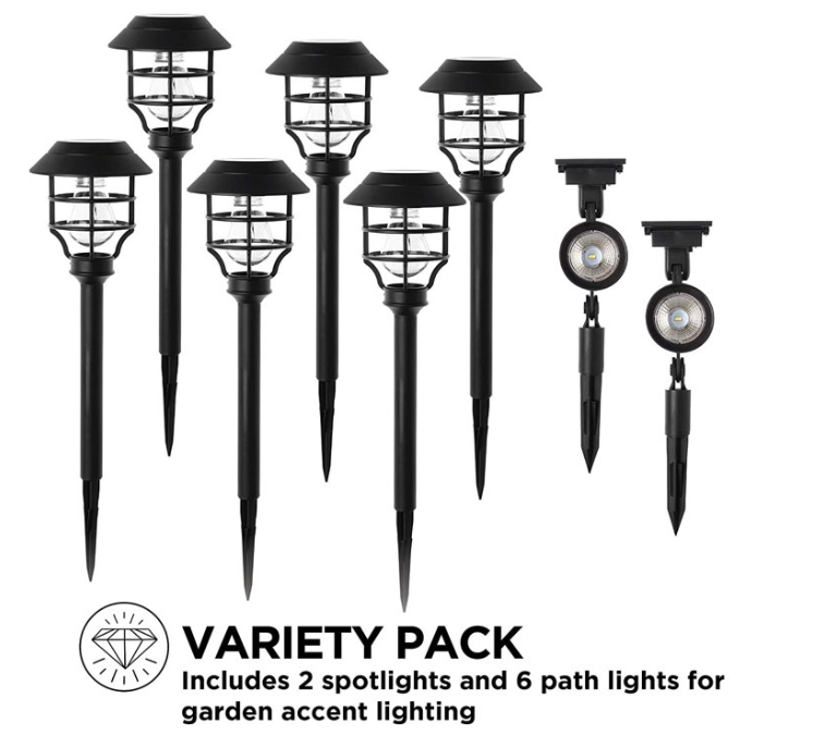 8 Led Solar Outdoor Path Light Kit Black Pathway Lights 6PC + 2PC Spotlight