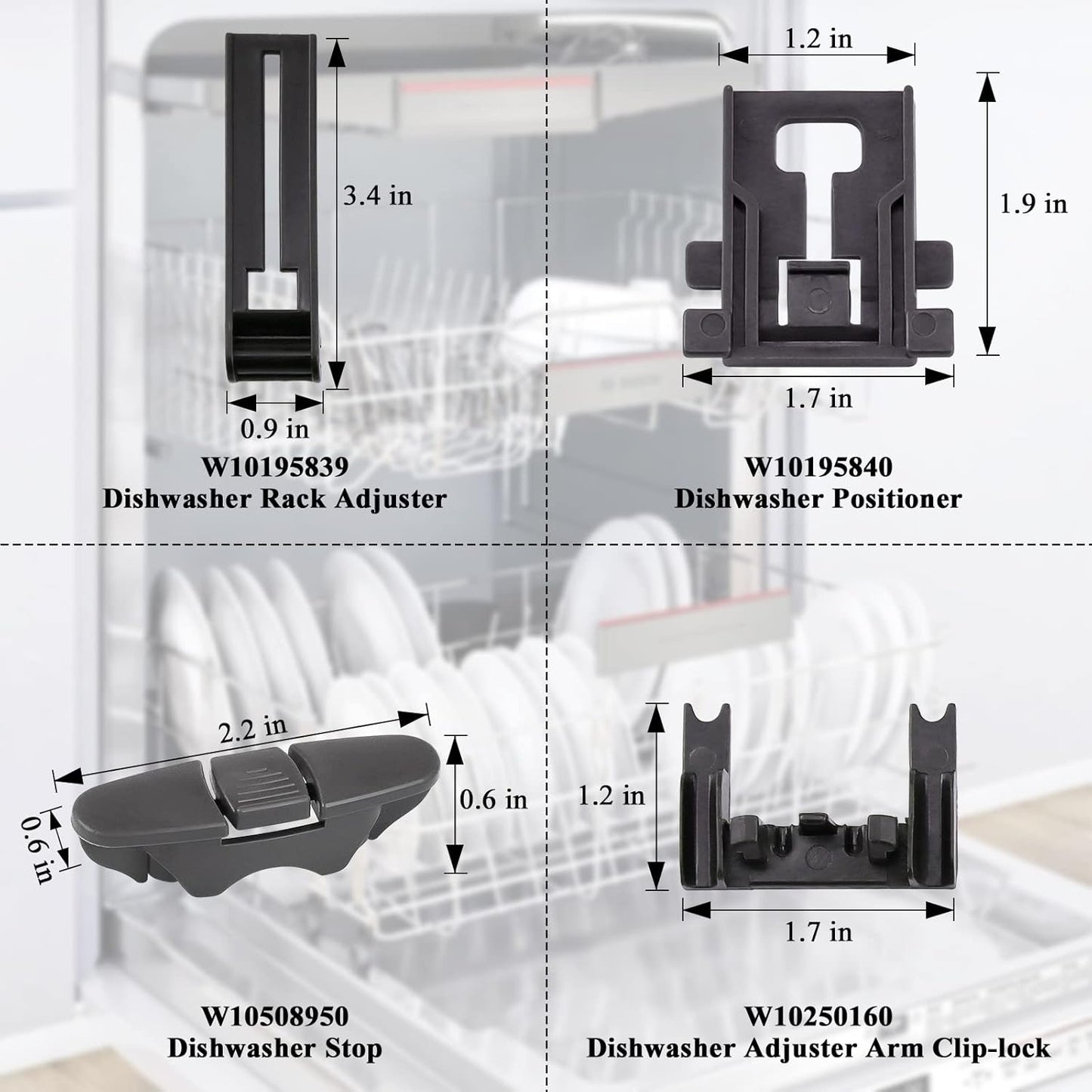 W10350376 Dishwasher Top Rack Adjuster Part Repair Kit (10Pcs) with Upgraded W10195840 & W10195839 & W10250160 & W10508950 Upper Parts Replacement for Whirlpool Kenmore Dishwasher