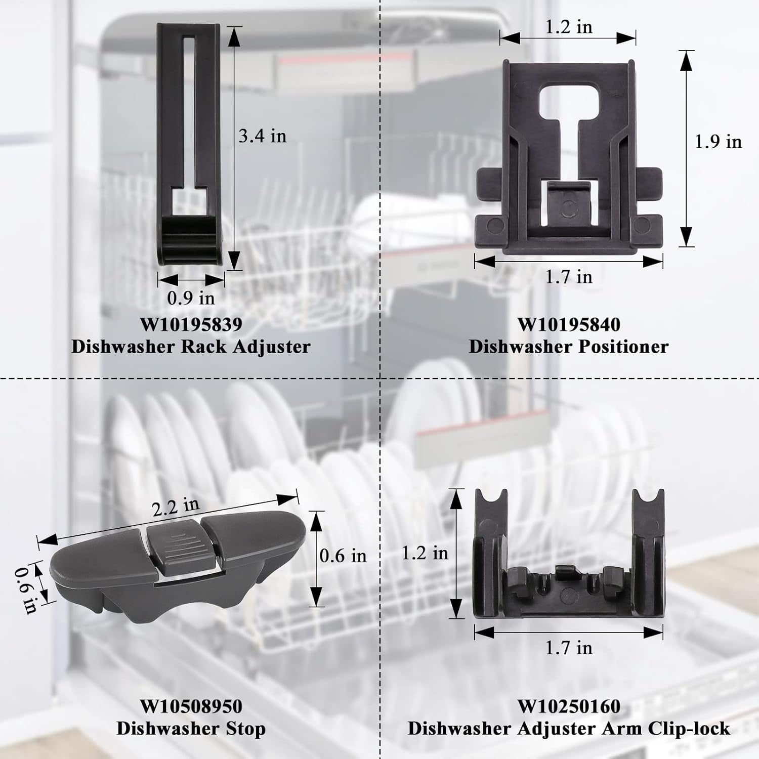 W10350376 Dishwasher Top Rack Adjuster Part Repair Kit (10Pcs) with Upgraded W10195840 & W10195839 & W10250160 & W10508950 Upper Parts Replacement for Whirlpool Kenmore Dishwasher