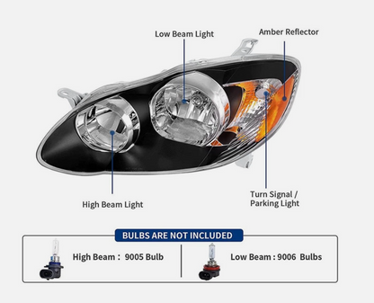 For 2003-2008 Toyota Corolla Headlights Halogen Headlamps Black Driver&Passenger