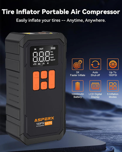 Tire Inflator Portable Air Compressor- 160PSI & 10000Mah Portable Air Pump with Carrying Case, LCD Display & LED Light, 3X Fast Inflation for Car, Bike, Motorcycle, Balls and More(Black)